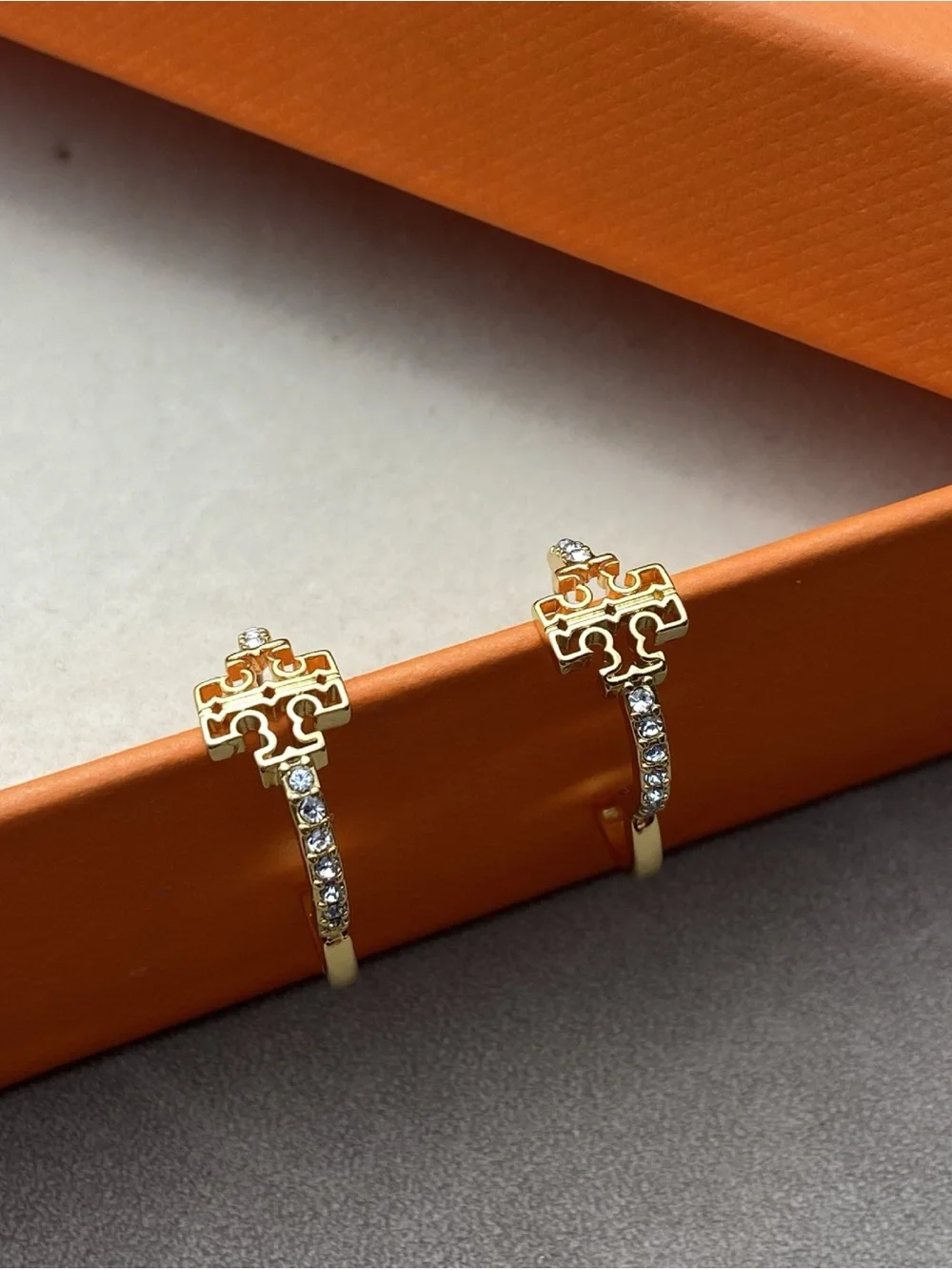 Tory Burch Gold Logo Crystal Huggie Earrings